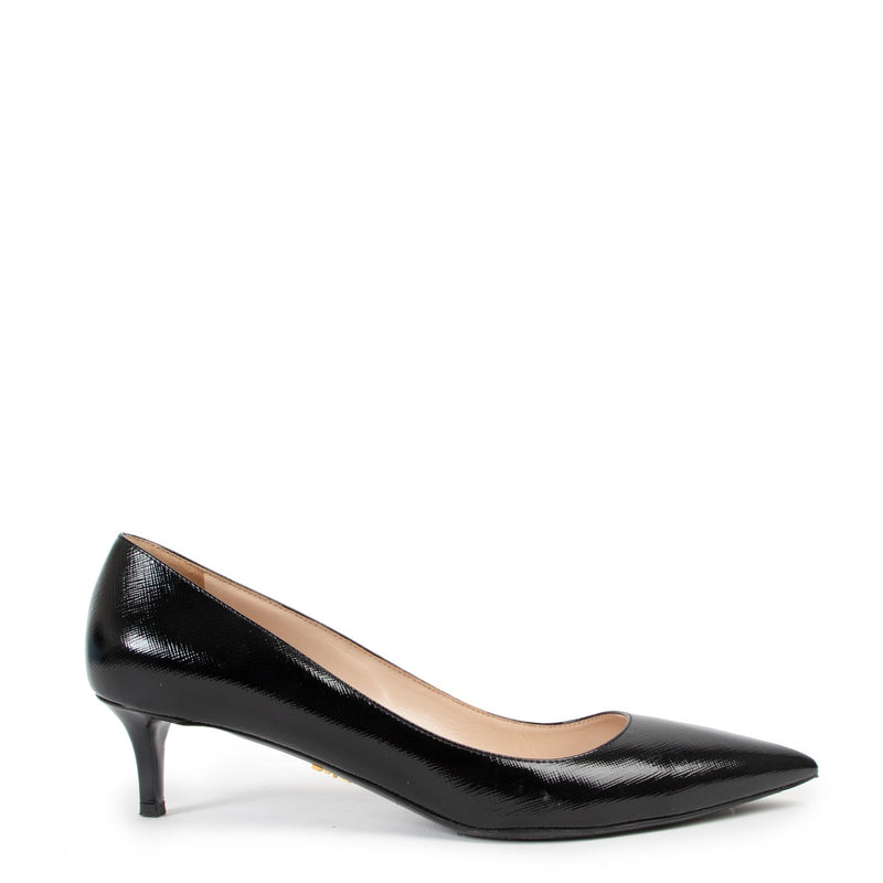 Second hand Prada Black Saffiano Leather Kitten Heel Pumps at Labellov