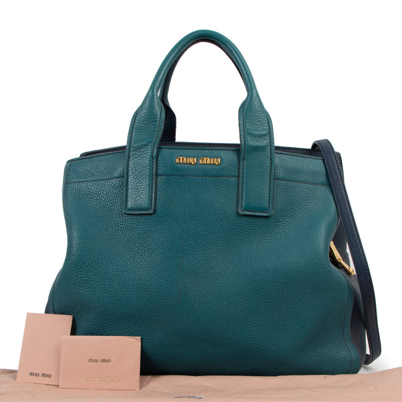 Miu Miu Blauwe Tweekleurige Vitello Caribou Tote Tas van Getextureerd Leer