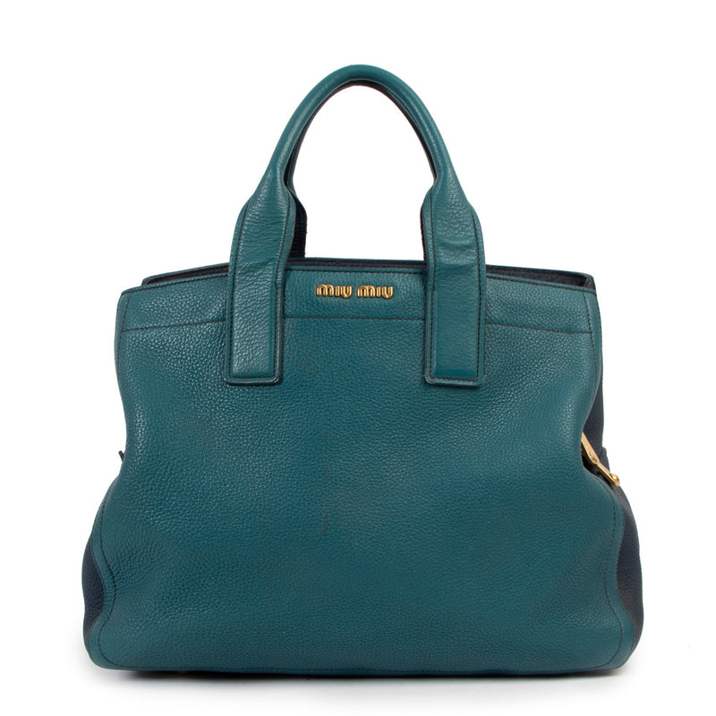 Miu Miu Blauwe Tweekleurige Vitello Caribou Tote Tas van Getextureerd Leer