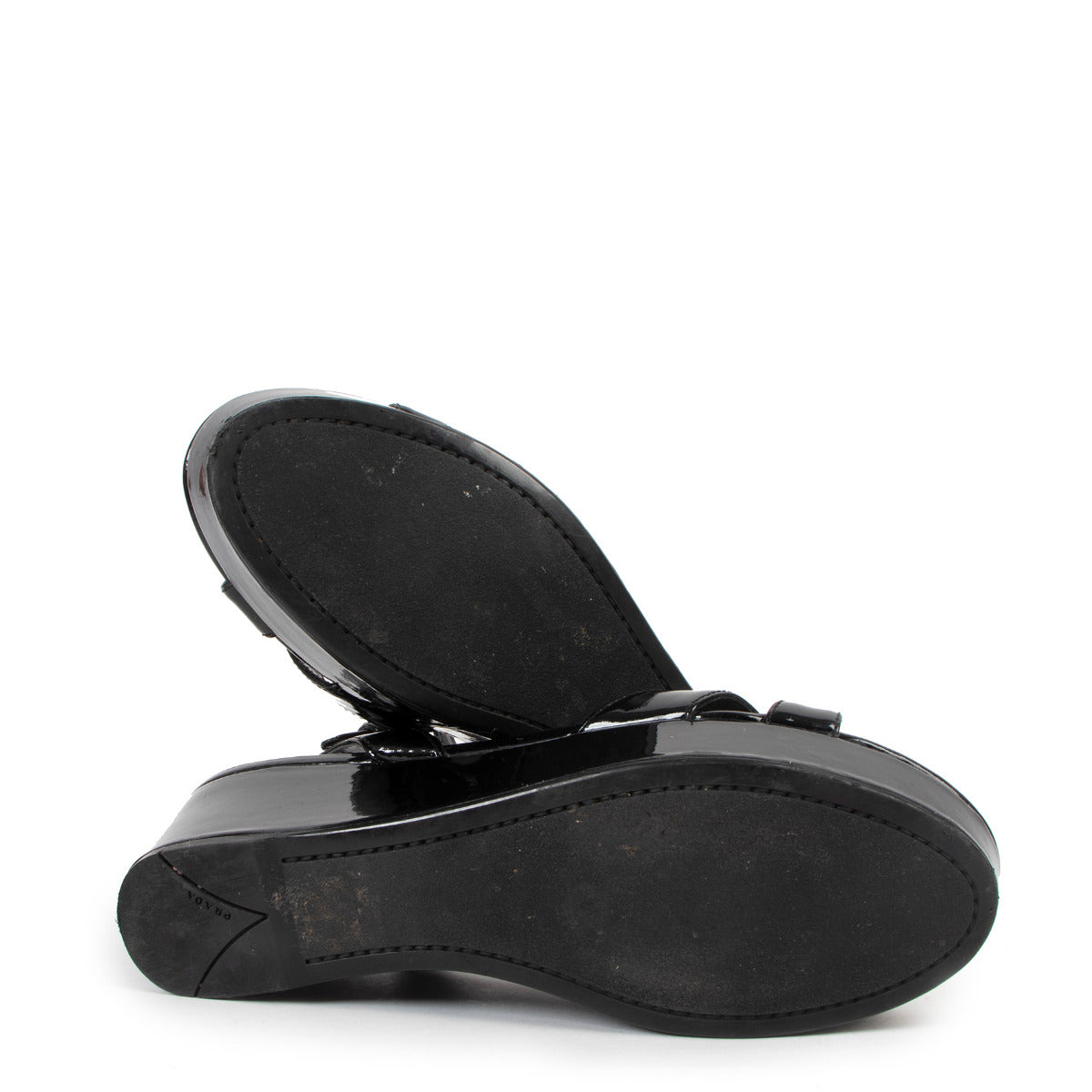 Prada Linea Rossa Black Patent Leather Wedge Sandals - Size 36