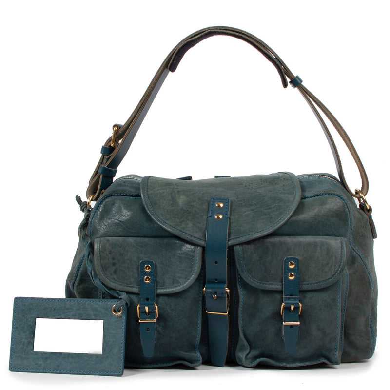 Shop safe online at Labellov in Antwerp this 100% authentic second hand Balenciaga Blue Leather Cargo Pocket Shoulder Bag
