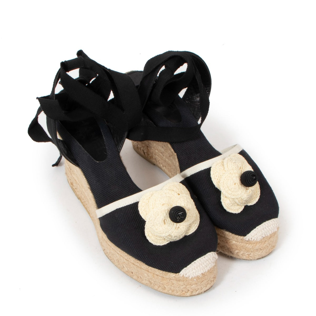 Chanel Black Canvas Camellia Ankle Strap Espadrille Wedges