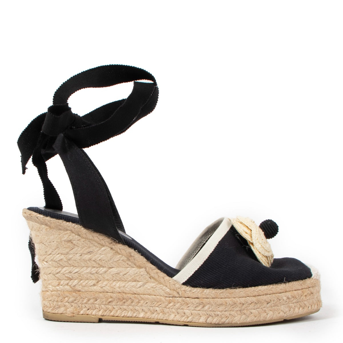 Chanel Black Canvas Camellia Ankle Strap Espadrille Wedges