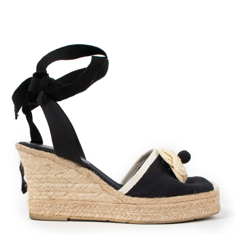 Chanel Black Canvas Camellia Ankle Strap Espadrille Wedges
