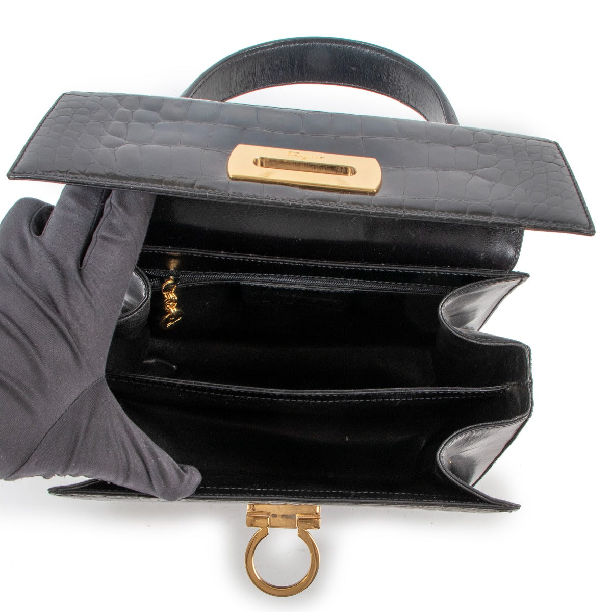 Ferragamo Black Alligator Medium Iconic Bag