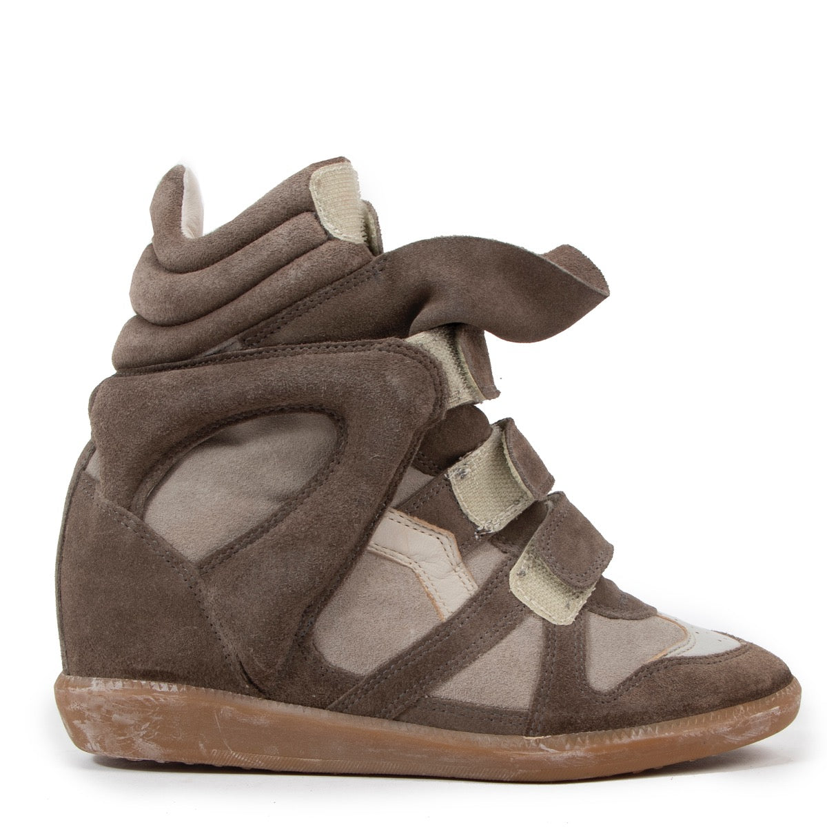 Buy an authentic pair of second hand Isabel Marant Etoile Kaki/ Taupe Suede Bekett Sneakers - Size 37 in very good condition at Labellov