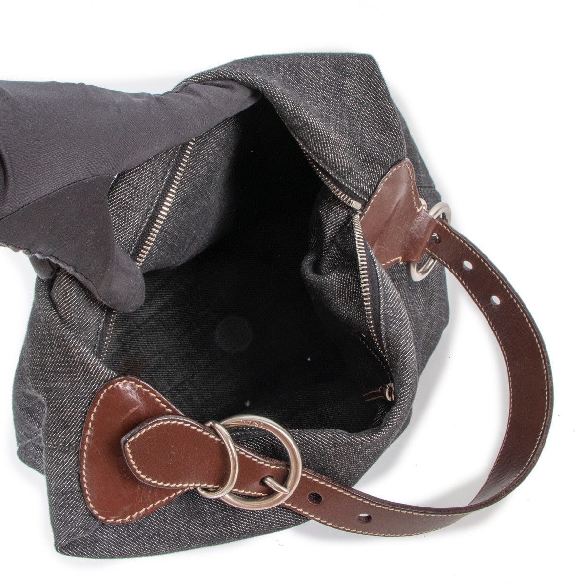 Shop safe online at Labellov in Antwerp this 100% authentic second hand Prada Dark Grey Denim Shoulder Bag