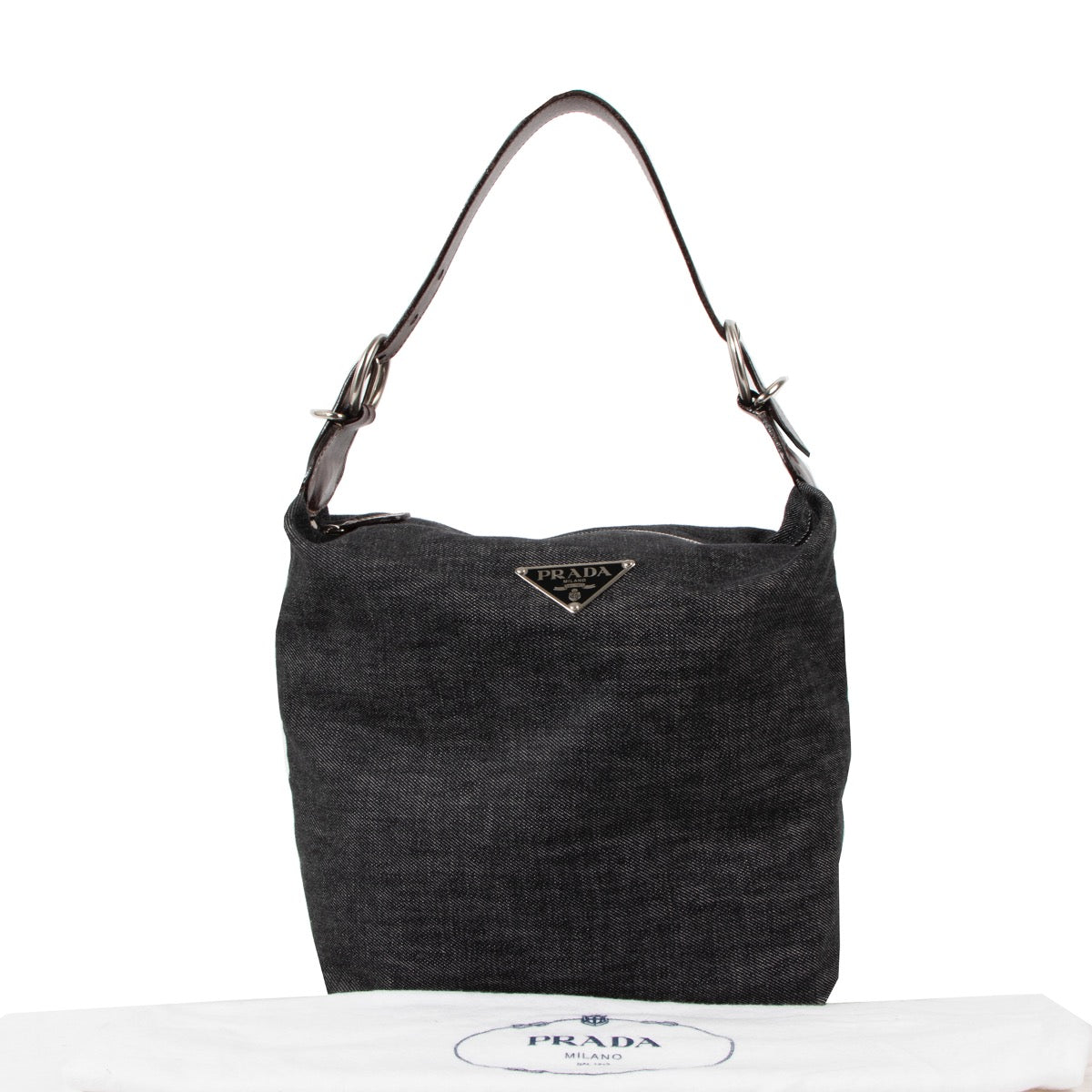 Shop safe online at Labellov in Antwerp this 100% authentic second hand Prada Dark Grey Denim Shoulder Bag