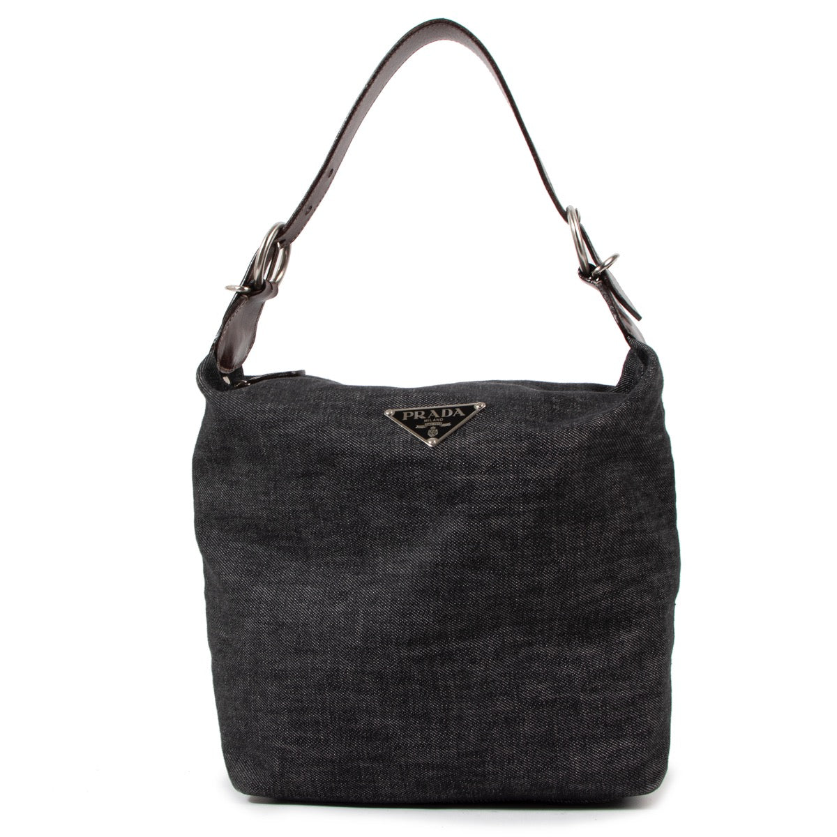 Shop safe online at Labellov in Antwerp this 100% authentic second hand Prada Dark Grey Denim Shoulder Bag