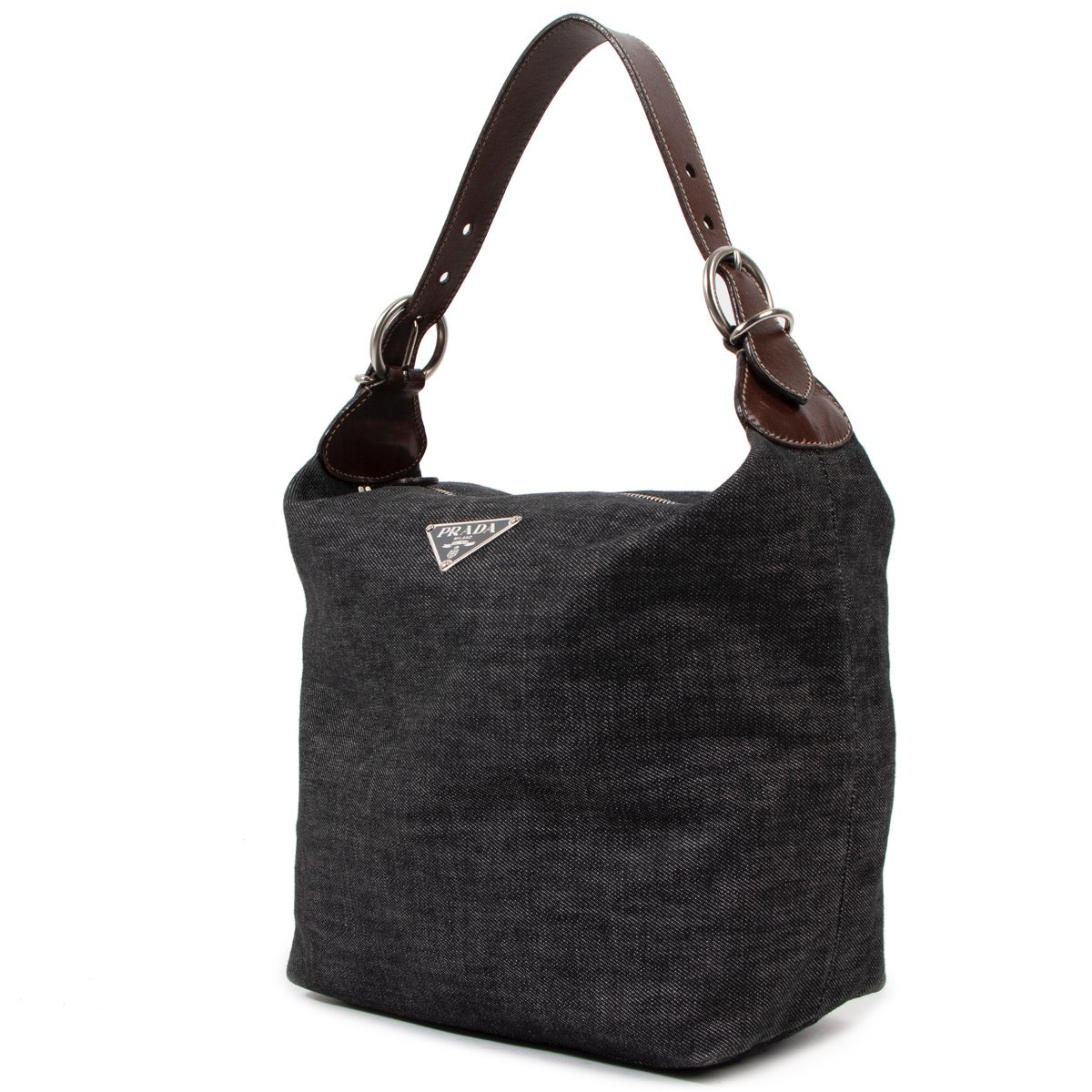 Shop safe online at Labellov in Antwerp this 100% authentic second hand Prada Dark Grey Denim Shoulder Bag