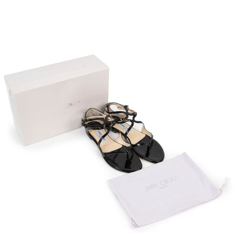 Jimmy Choo Black Patent Leather Leja Strappy Flat Sandals - Size 38