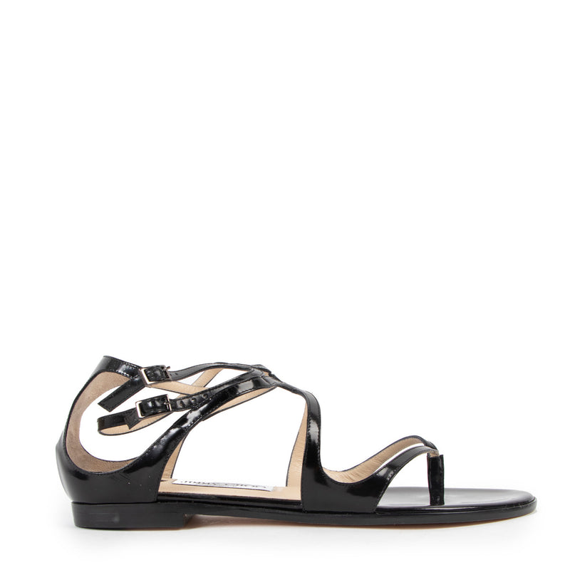 Jimmy Choo Zwarte Lakleren Leja Strappy Platte Sandalen - Maat 38