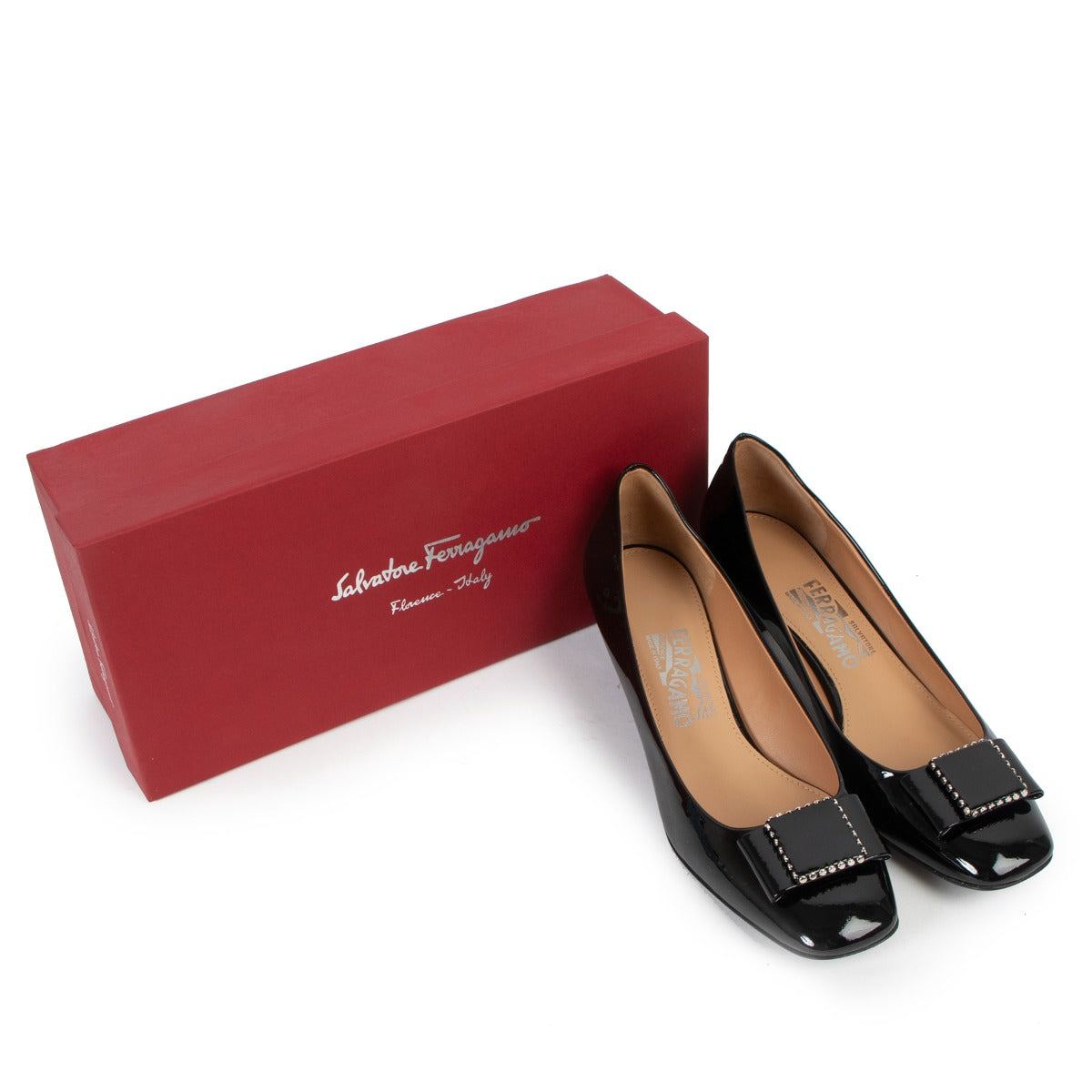 Salvatore Ferragamo Black Patent Leather Studded Bow Pumps