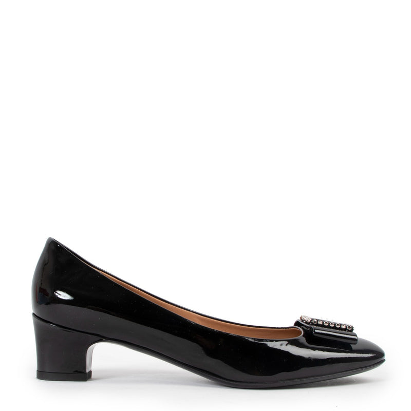 Salvatore Ferragamo Black Patent Leather Studded Bow Pumps