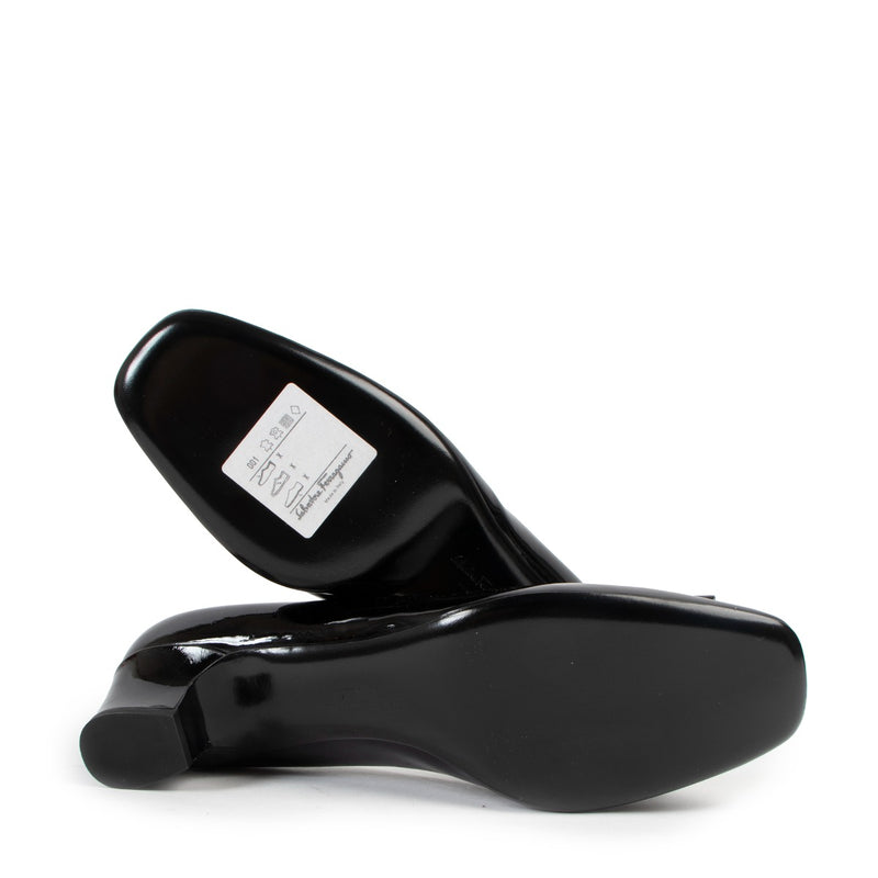 Salvatore Ferragamo Black Patent Leather Studded Bow Pumps