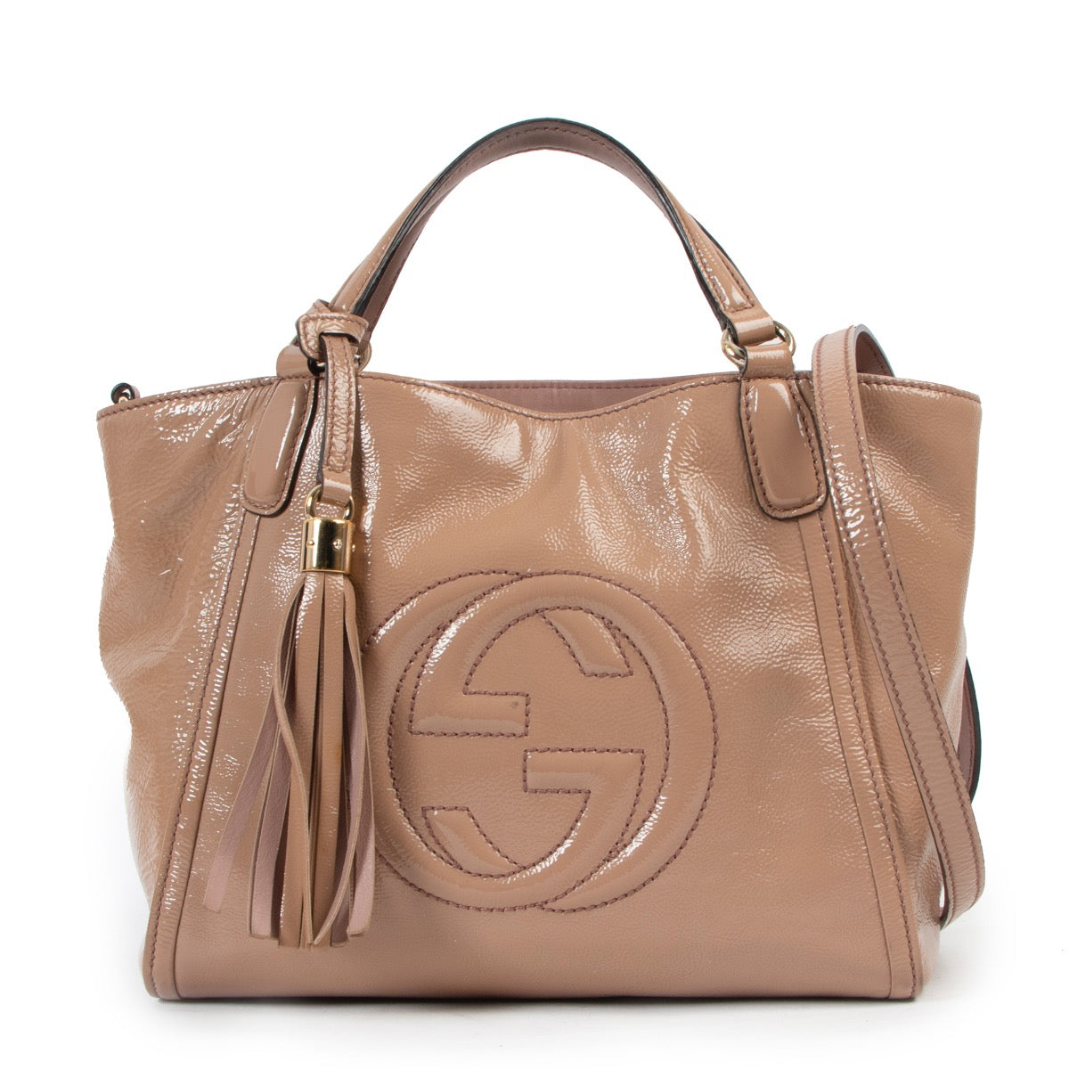 Buy an authentic second hand Gucci Small Pink Patent Leather Soho Cellarius GG Logo Top Handle in very good condition at Labellov.