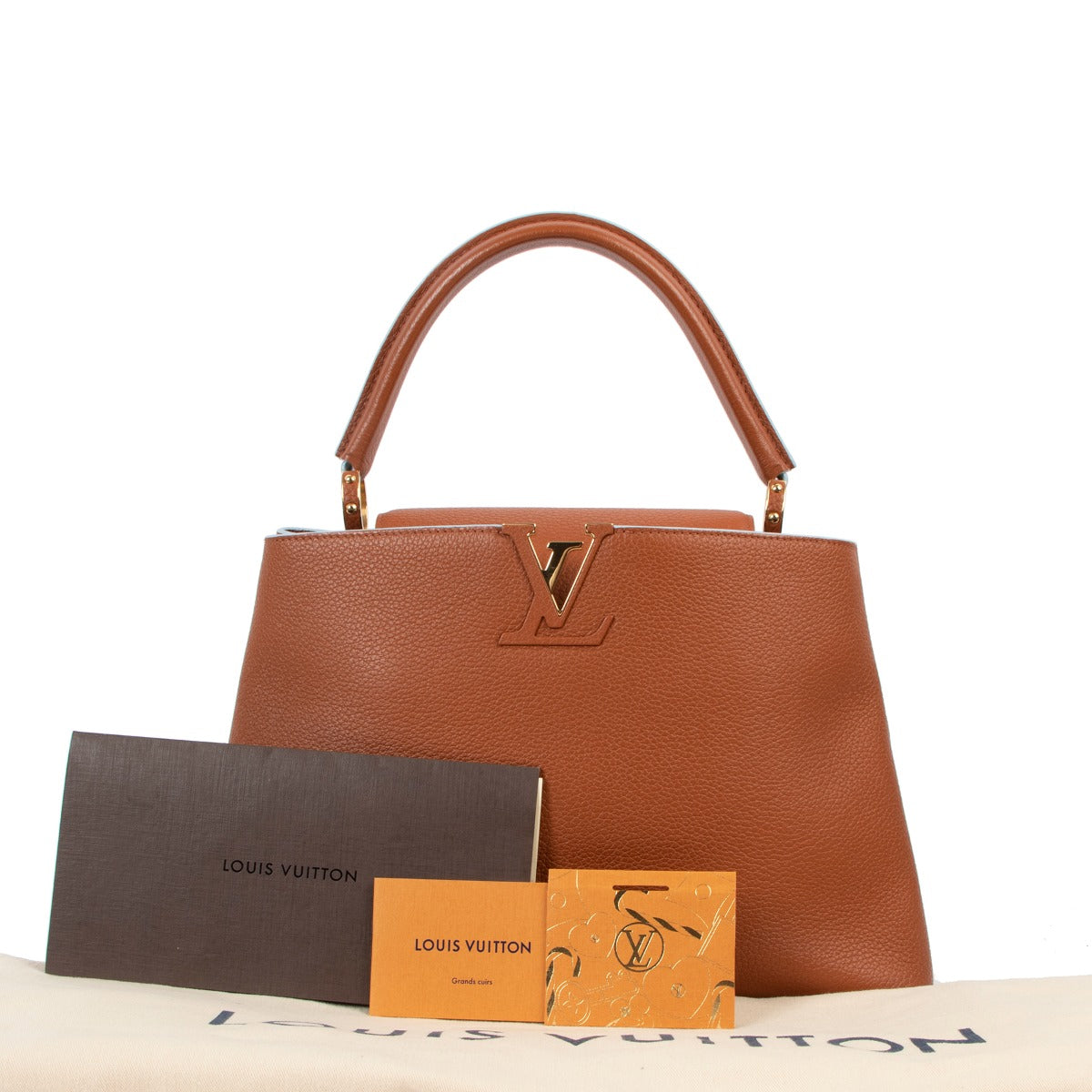 Louis Vuitton Cognac Capucines MM Taurillon Top Handle Bag