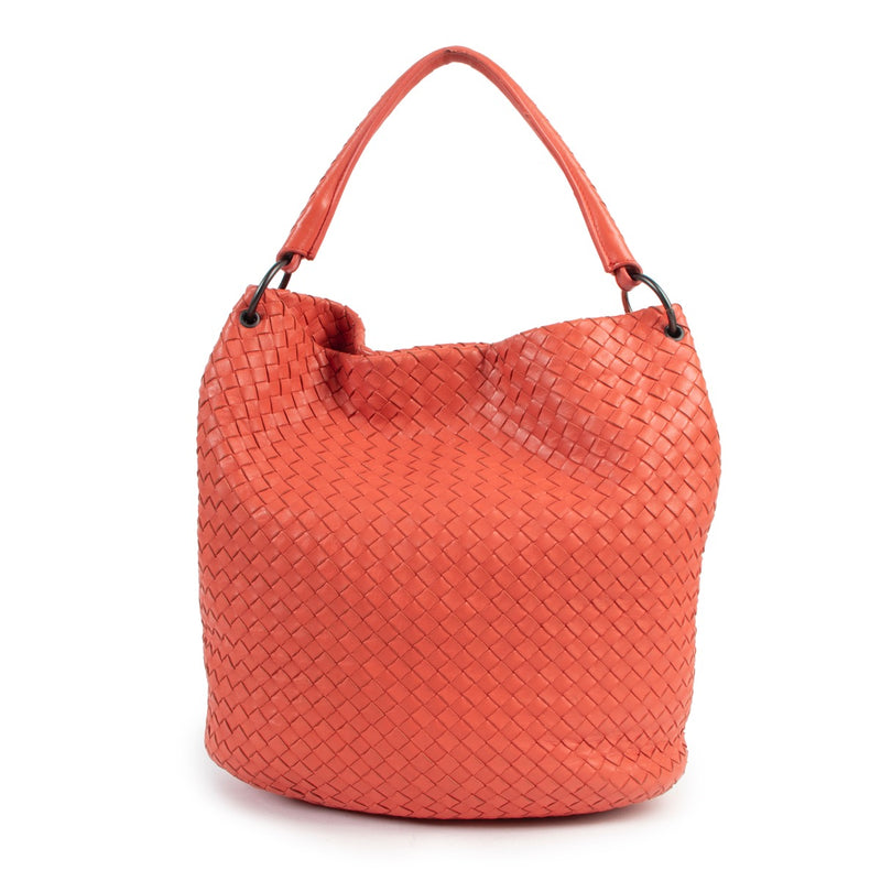 Shop now for your pre-loved, 100% authenticBottega Veneta Orange Intrecciato Nappa Woven Parachute Bag at Labellov.