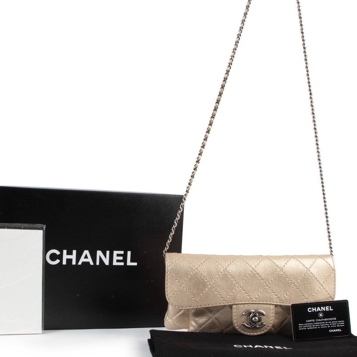 Chanel Metallic Gold Quilted Calfskin Classic Clutch With Chain