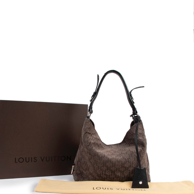 Buy online authentic second hand Louis Vuitton Grey Granit Suede Antheia Hobo PM Shoulder Bag in very good condition at Labellov in Antwerp