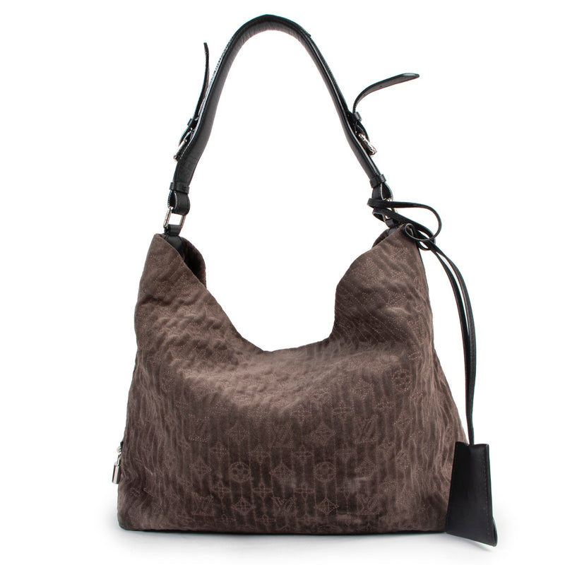 Buy online authentic second hand Louis Vuitton Grey Granit Suede Antheia Hobo PM Shoulder Bag in very good condition at Labellov in Antwerp