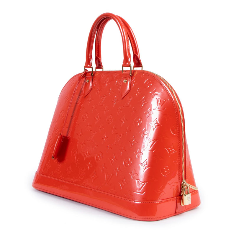 Buy an authentic second hand Louis Vuitton Orange Sunset Monogram Vernis Alma GM Bag in very good condition at Labellov