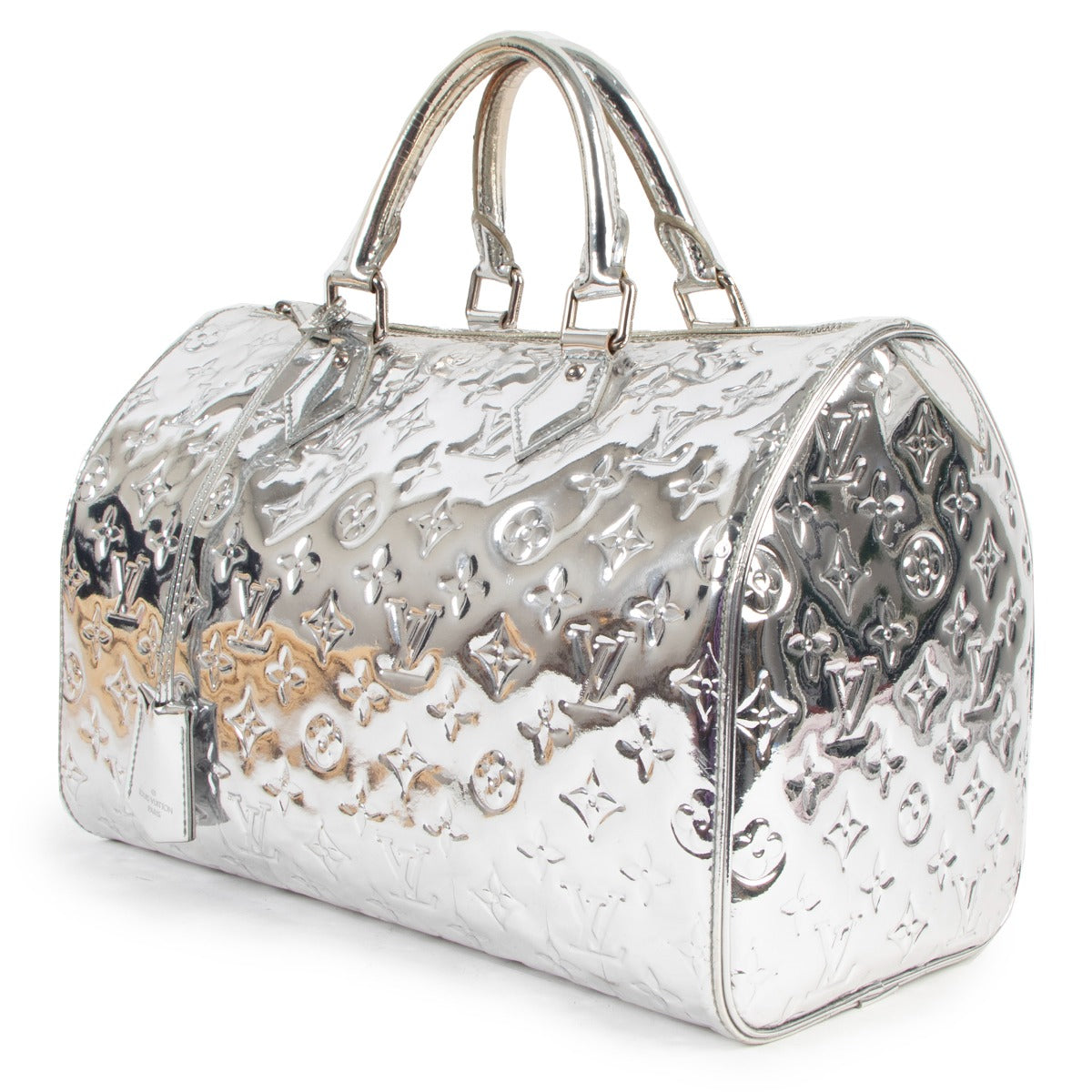 Buy online authentic second hand Louis Vuitton Limited Edition Silver Monogram Miroir Speedy 35 Top Handle Bag in very good condition at Labellov in Antwerp