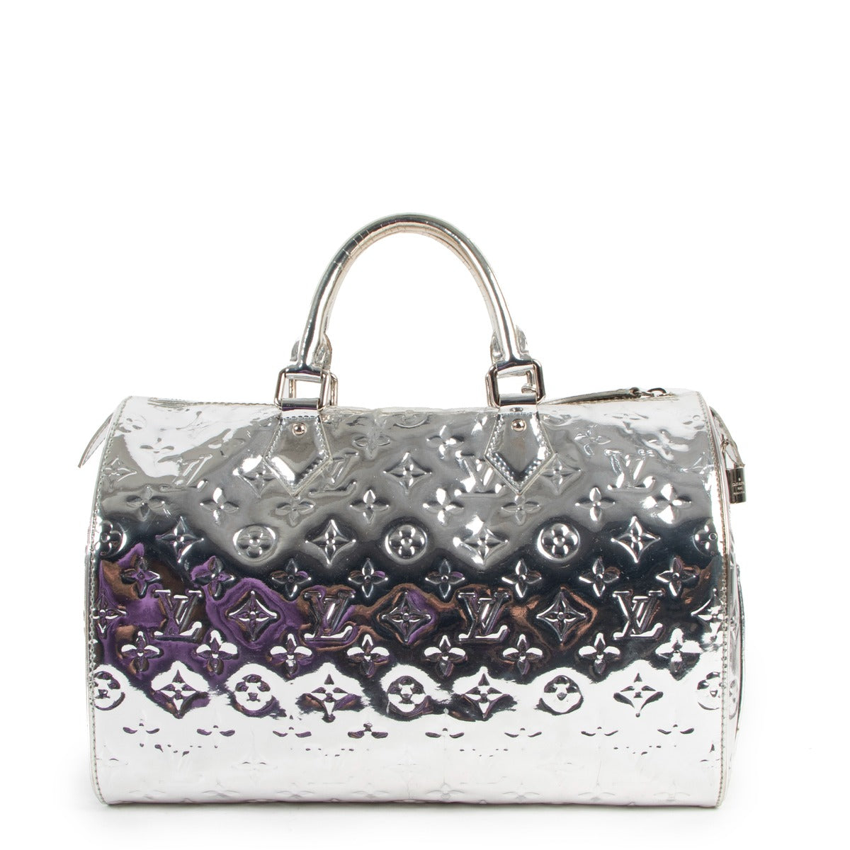 Buy online authentic second hand Louis Vuitton Limited Edition Silver Monogram Miroir Speedy 35 Top Handle Bag in very good condition at Labellov in Antwerp