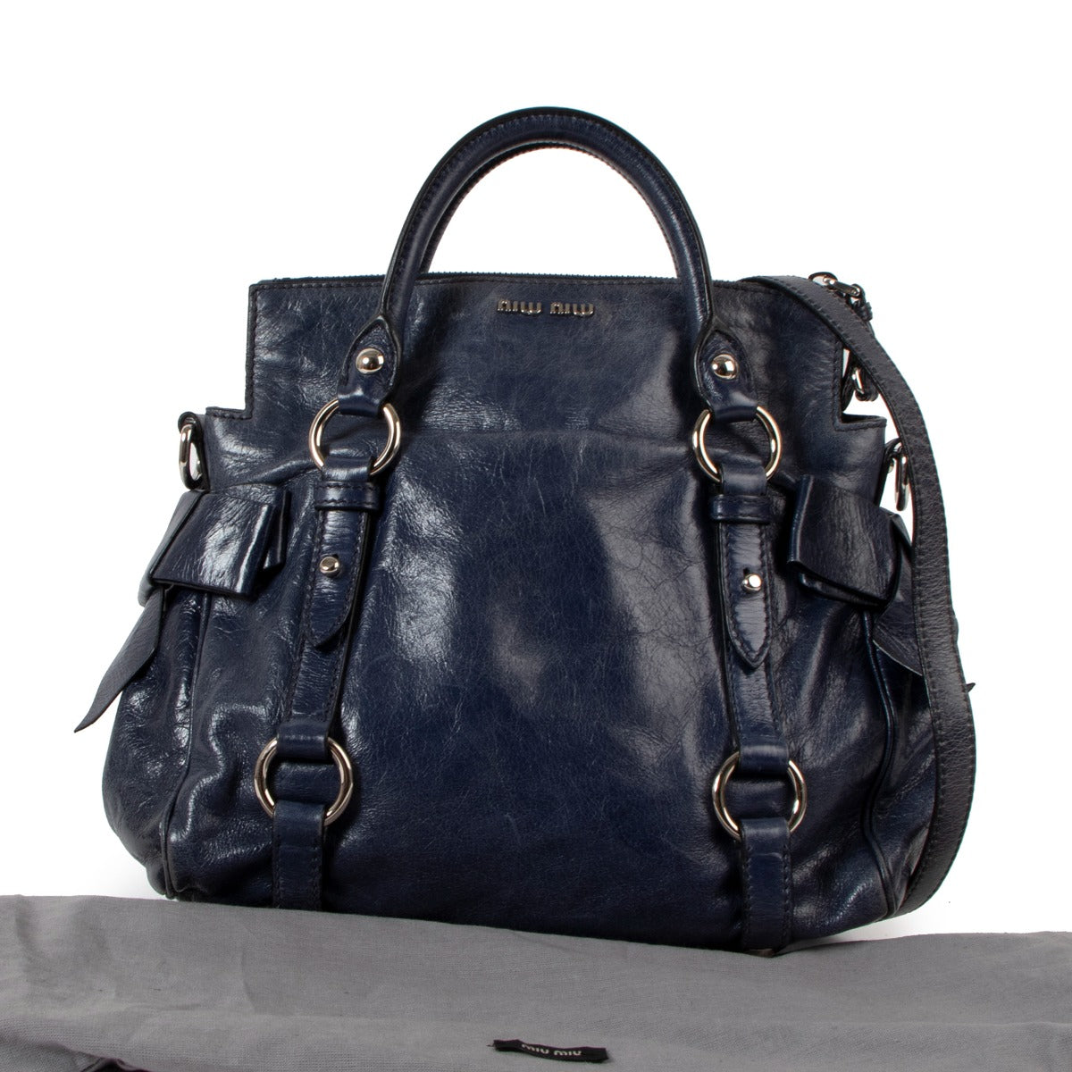 Miu Miu Blue Vitello Lux Bow Small Handbag