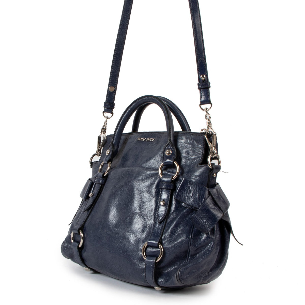 Miu Miu Blue Vitello Lux Bow Small Handbag