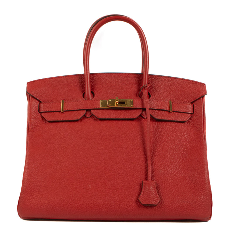 Authentic Hermès allure awaits with the Birkin 35 Rouge Casaque Togo GHW - a symbol of prestige and style.