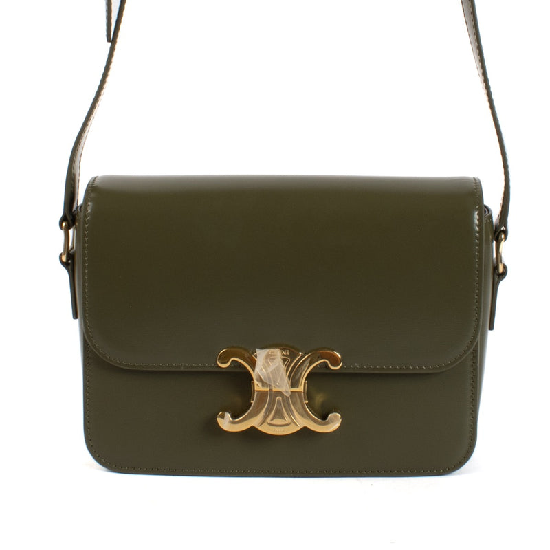 Shop safe online at Labellov in Antwerp, Brussels and Knokke this 100% authentic second hand Celine Green Shiny Calfskin Teen Triomphe Bag
