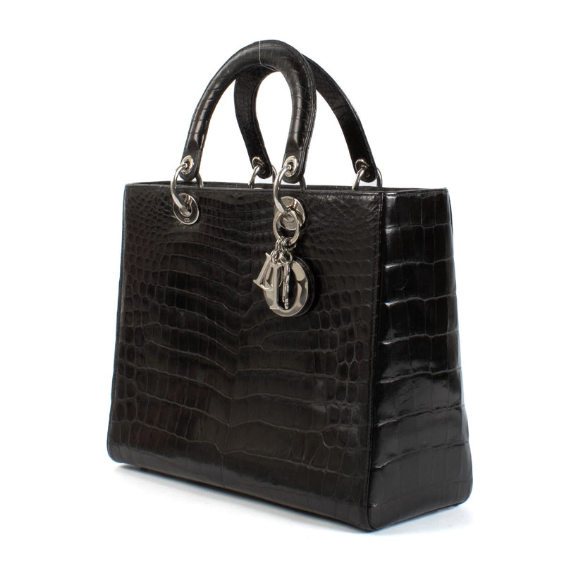 Christian Dior Zwarte Krokodil Leren Grote Lady Dior Tas