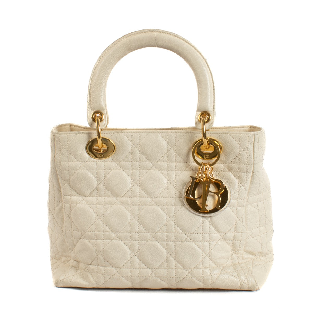 Shop safe online at Labellov in Antwerp, Brussels and Knokke this 100% authentic second hand Christian Dior Vintage Latte Calfskin Cannage Supple Medium Lady Dior Bag