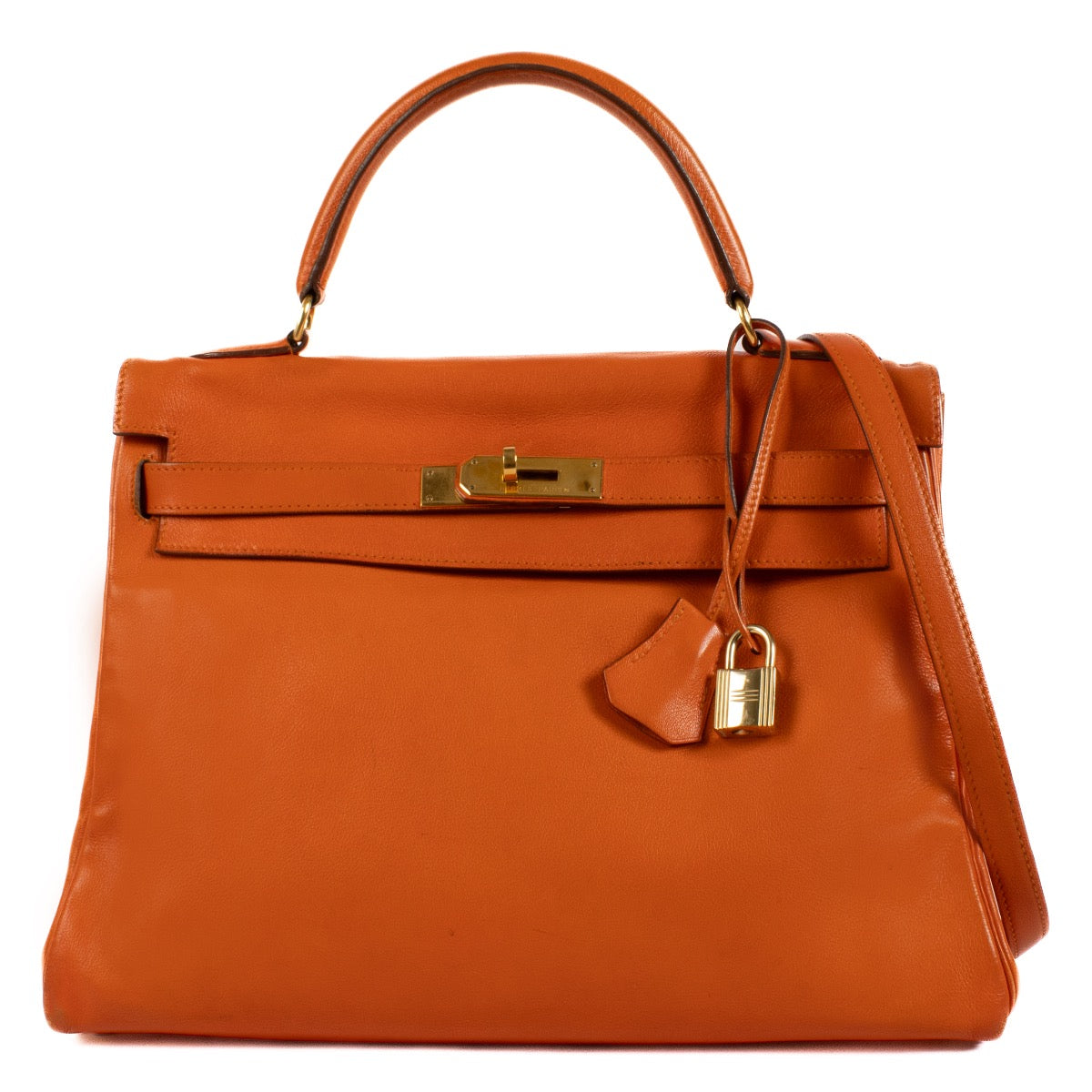 Shop safe online at Labellov in Antwerp, Brussels and Knokke this 100% authentic second hand Hermès Kelly 32 Orange Swift GHW