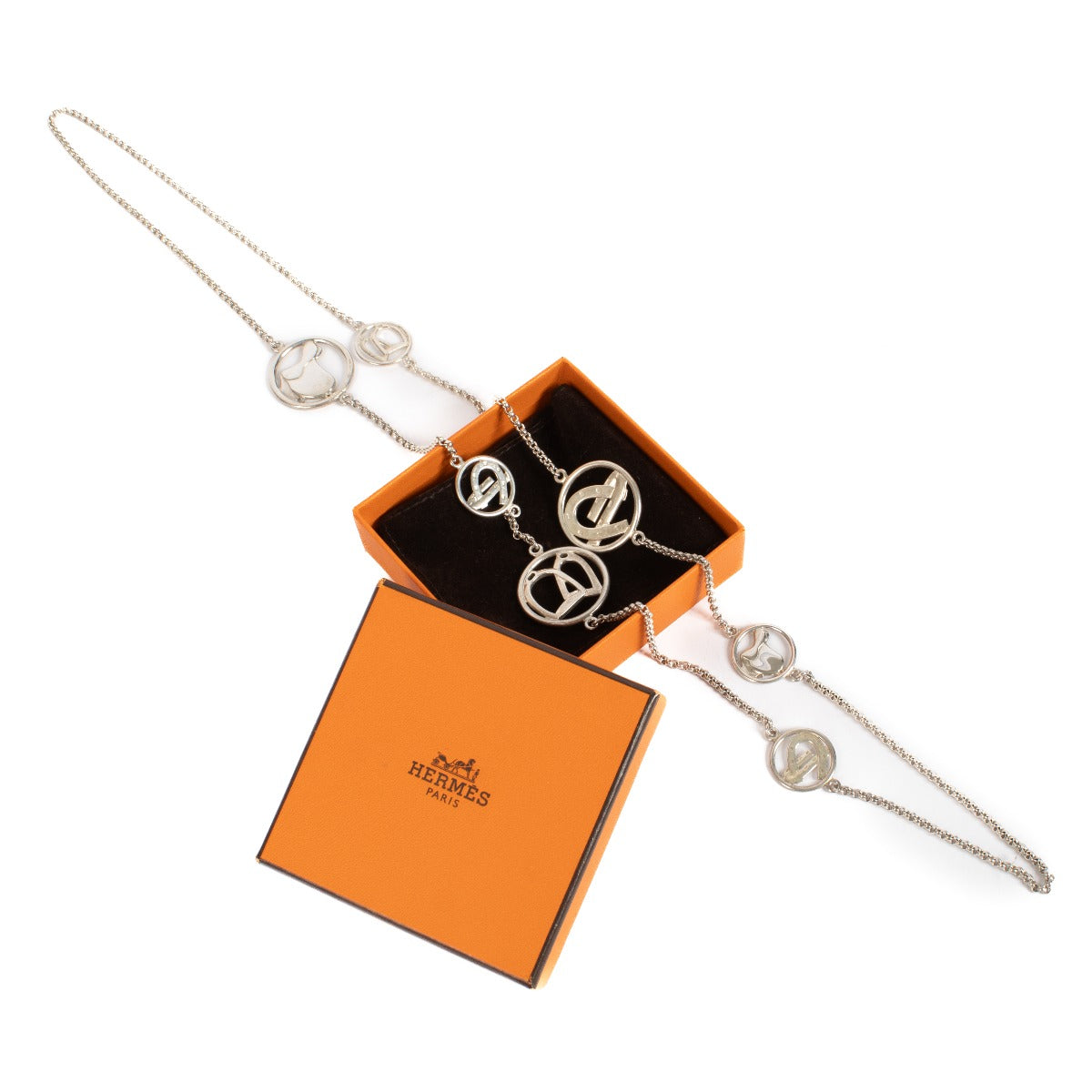 Hermès Sterling Silver Horseshoe Equestrian Belcher Chain Long Necklace