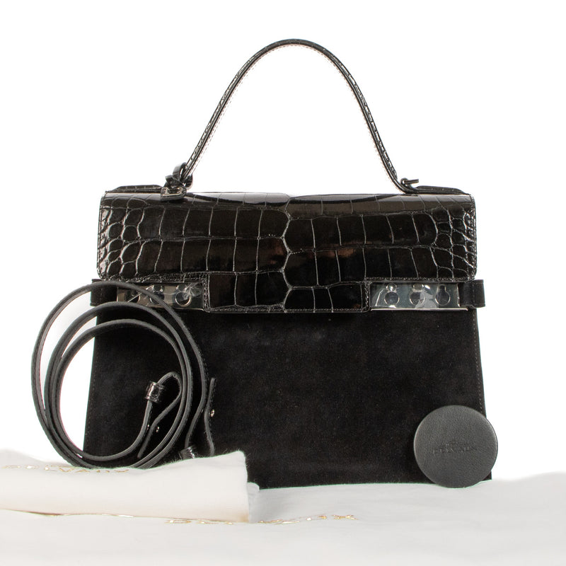 Delvaux Black Calf Velours/Shiny Alligator Tempête MM