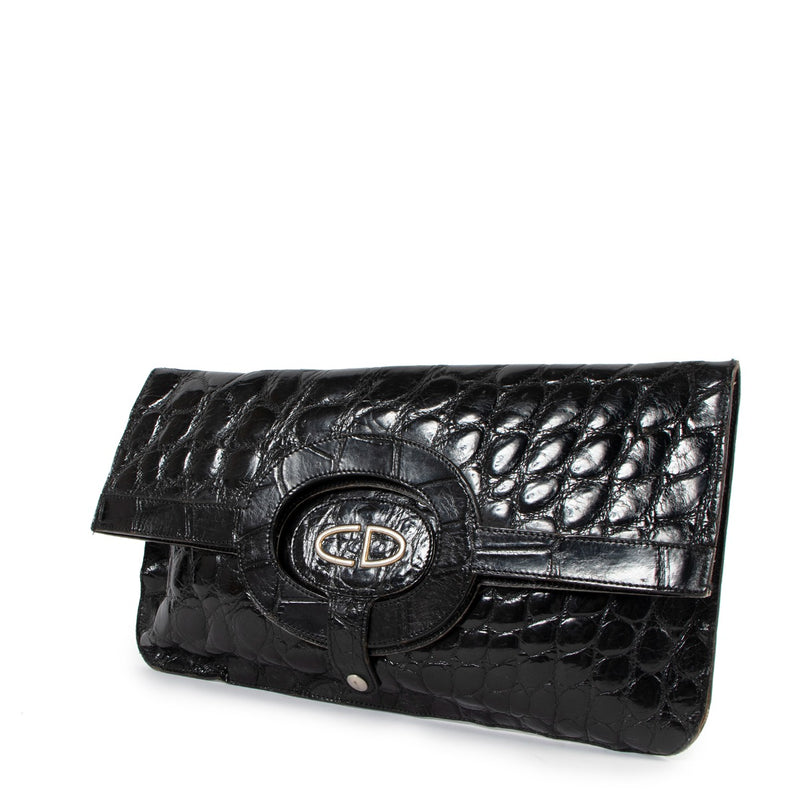 Christian Dior Vintage Black Crocodile Leather 2-In-1 Clutch