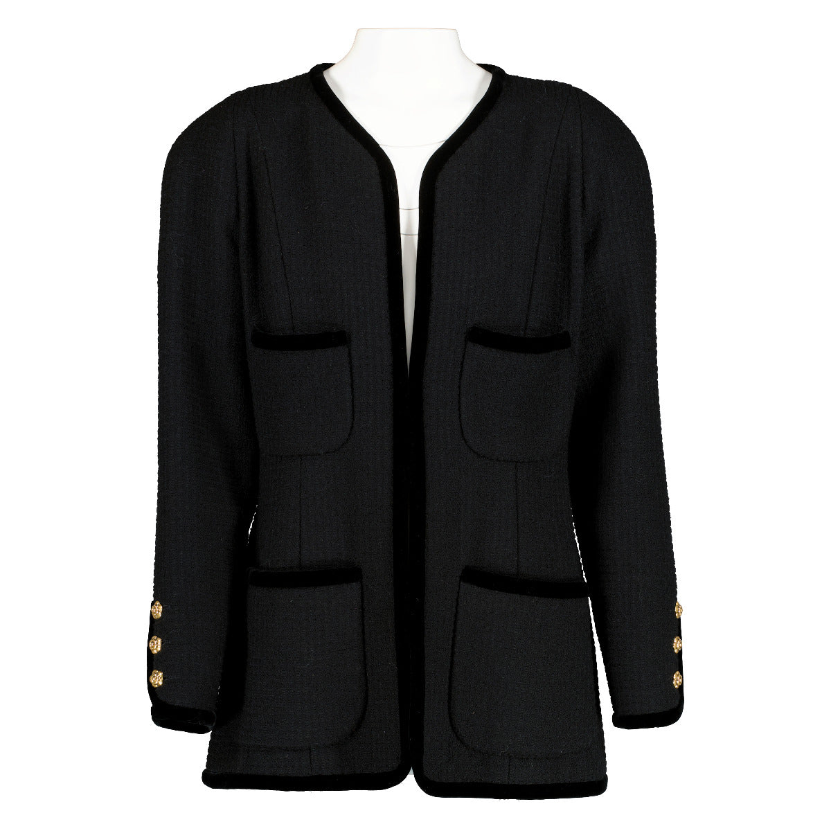 Chanel Black Velvet Trim Tweed Jacket - Size FR40