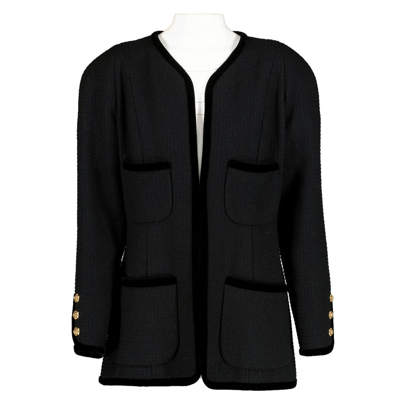 Chanel Zwart Fluweel Afgezette Tweed Jasje - Maat FR40
