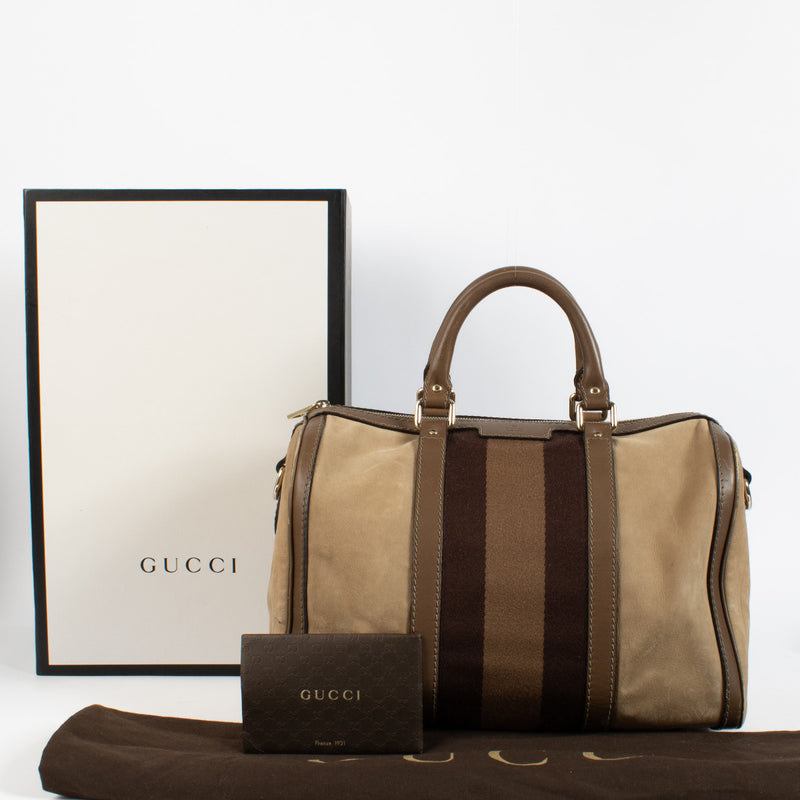Gucci Brown Nubuck Web Joy Boston Top Handle Bag for the best price at Labellov