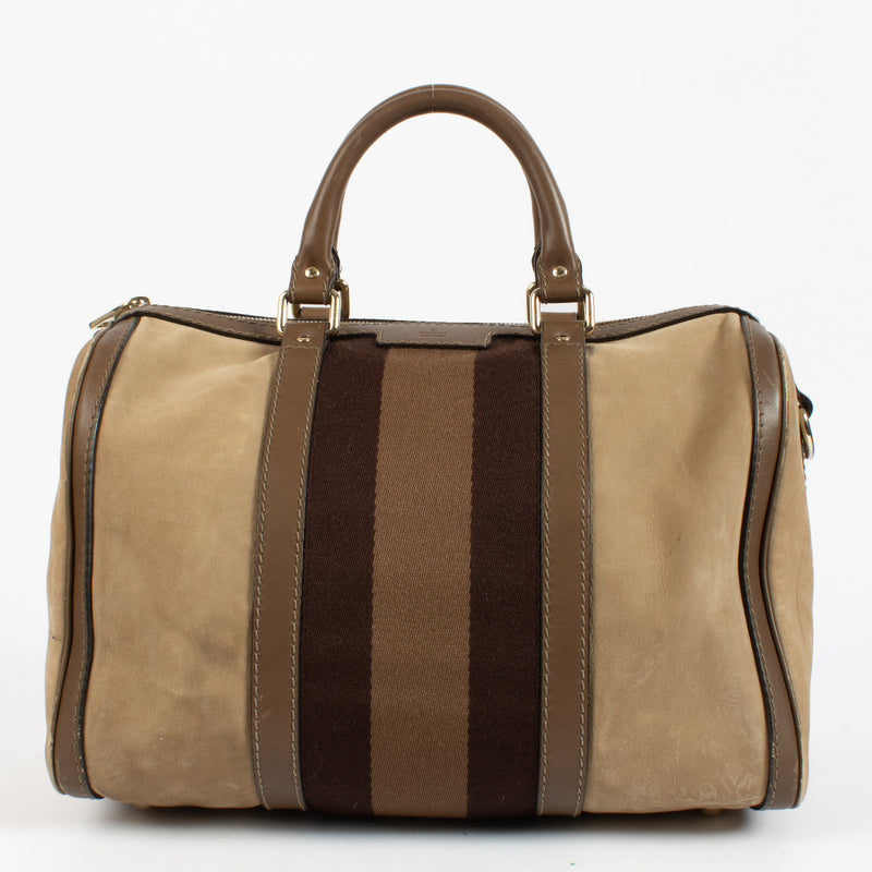 Gucci Brown Web Nubuck boston bag for the best price at Labellov secondhand luxury.