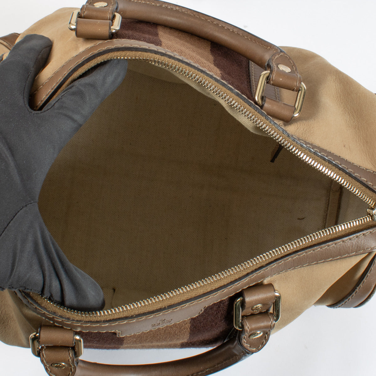 Gucci Brown Nubuck Web Joy Boston Top Handle Bag