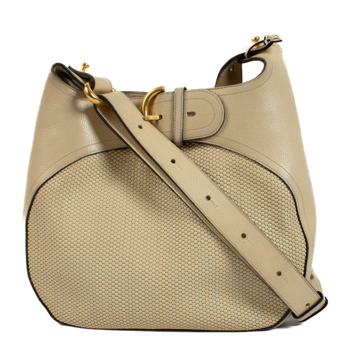Delvaux beige Souverain shoulder bag with gold hardware, featuring a timeless and sophisticated design. Shop now on Labellov.com.