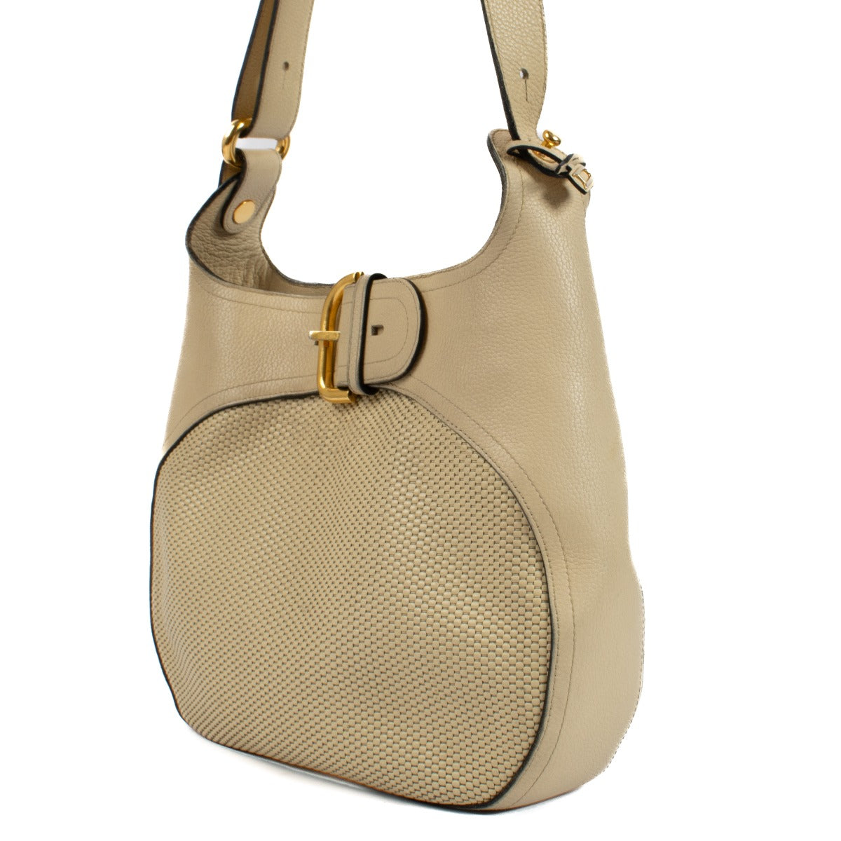 Delvaux beige Souverain shoulder bag with gold hardware, featuring a timeless and sophisticated design. Shop now on Labellov.com.