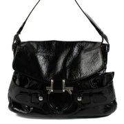 Ferragamo Patent Black Top Handle Bag with silver hardware, featuring a spacious design and glossy patent leather finish. Shop now on Labellov.com.