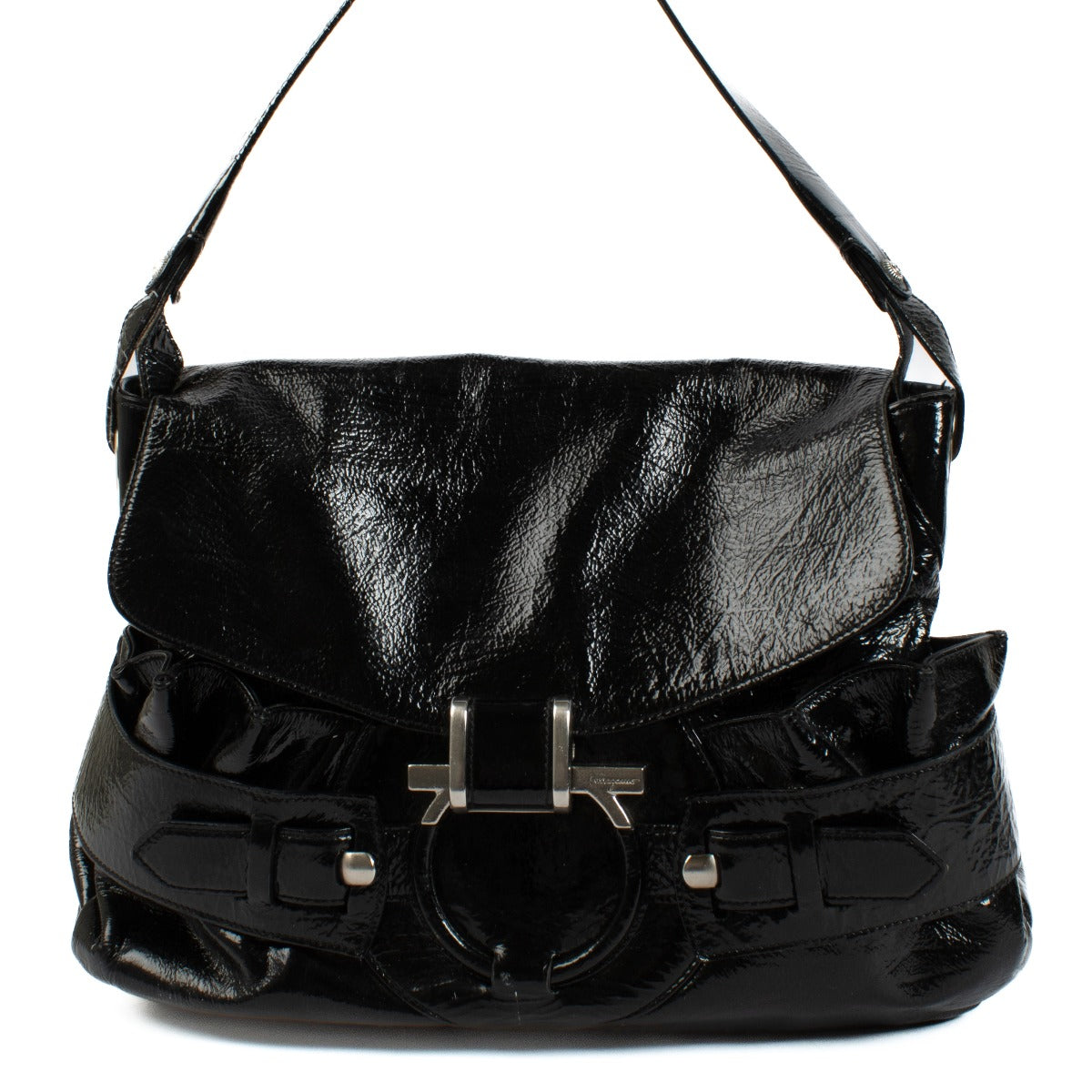 Ferragamo Patent Black Top Handle Bag with silver hardware, featuring a spacious design and glossy patent leather finish. Shop now on Labellov.com.