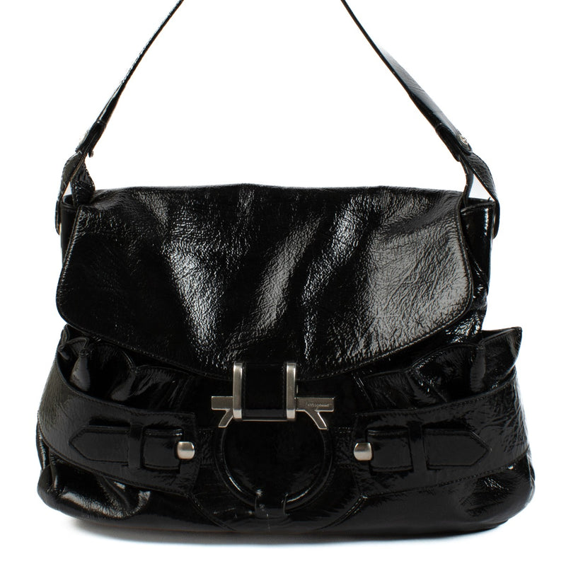Ferragamo Patent Black Top Handle Bag with silver hardware, featuring a spacious design and glossy patent leather finish. Shop now on Labellov.com.