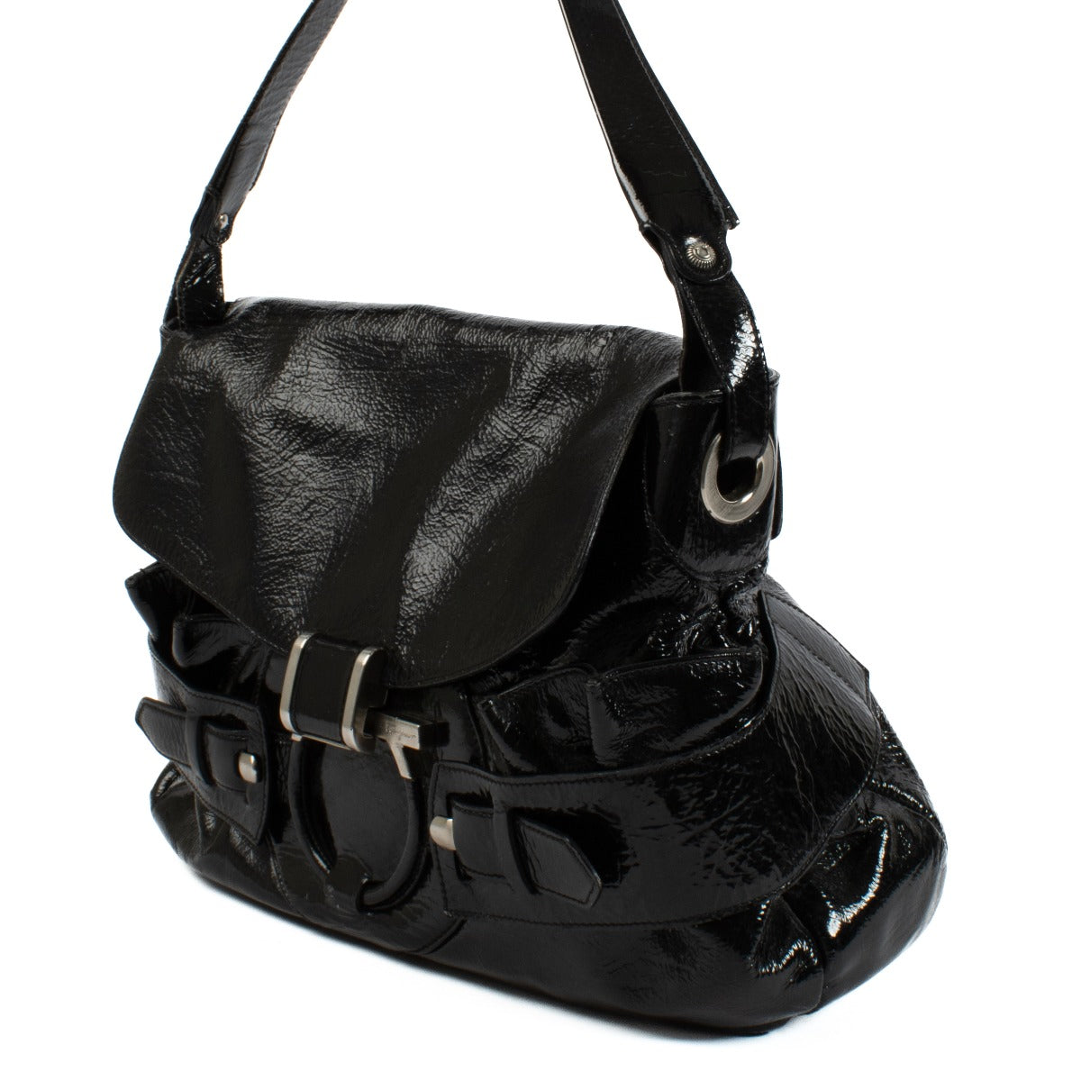 Ferragamo Patent Black Top Handle Bag with silver hardware, featuring a spacious design and glossy patent leather finish. Shop now on Labellov.com.