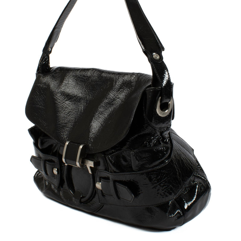 Ferragamo Patent Black Top Handle Bag with silver hardware, featuring a spacious design and glossy patent leather finish. Shop now on Labellov.com.